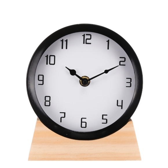 Metal & Wood Table Clock Decor Black With Wooden Base New - Picture 1 of 3
